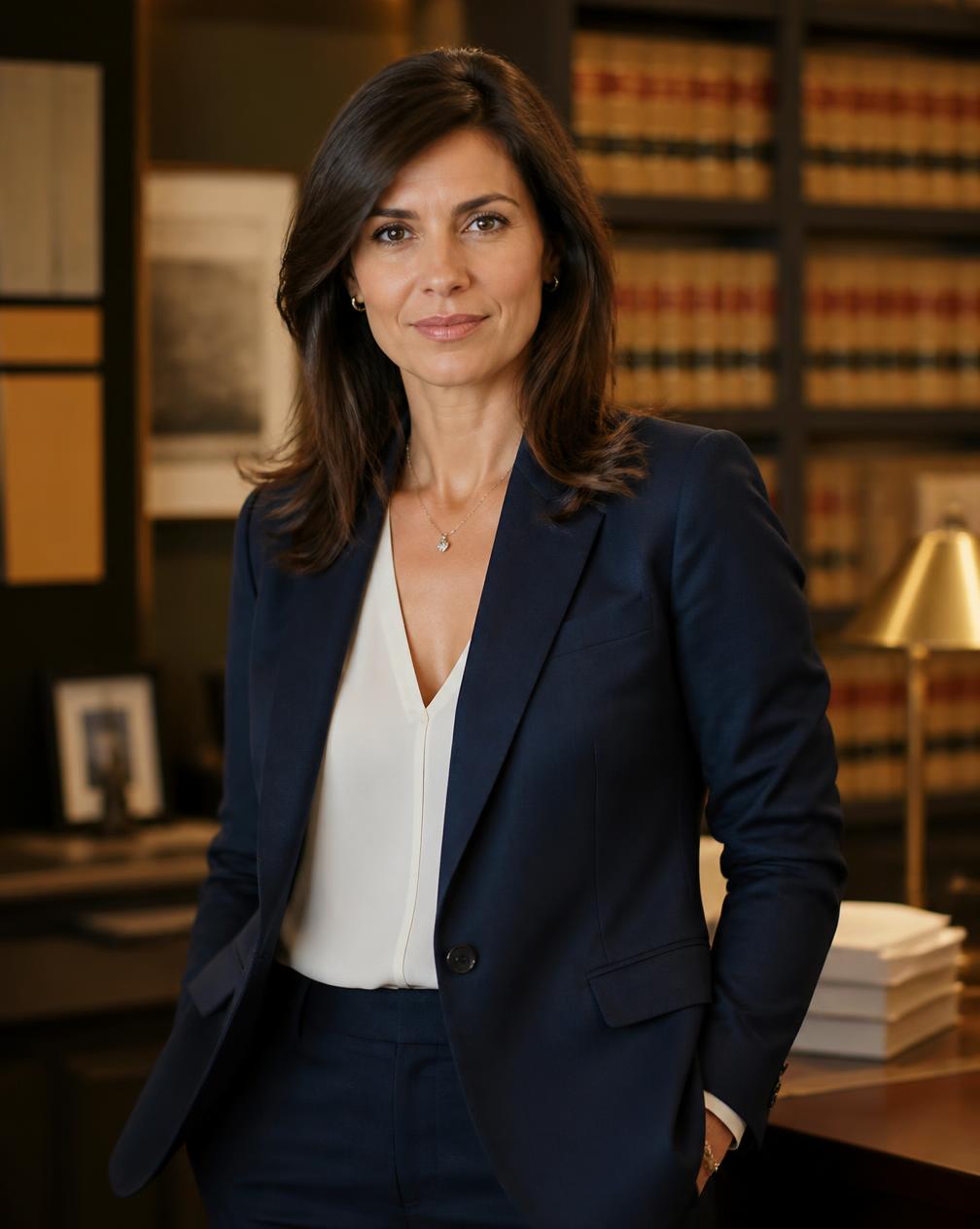 Portrait of the firm's lead lawyer in her Lisbon office