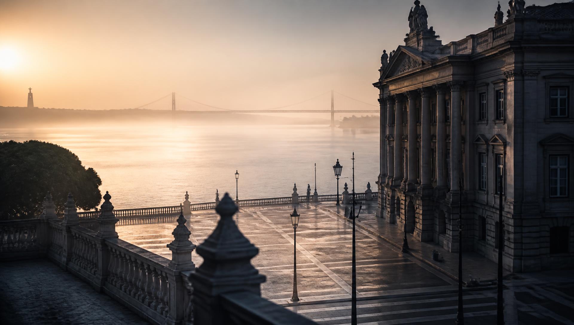 Dawn over Lisbon's government quarter and the Tagus river